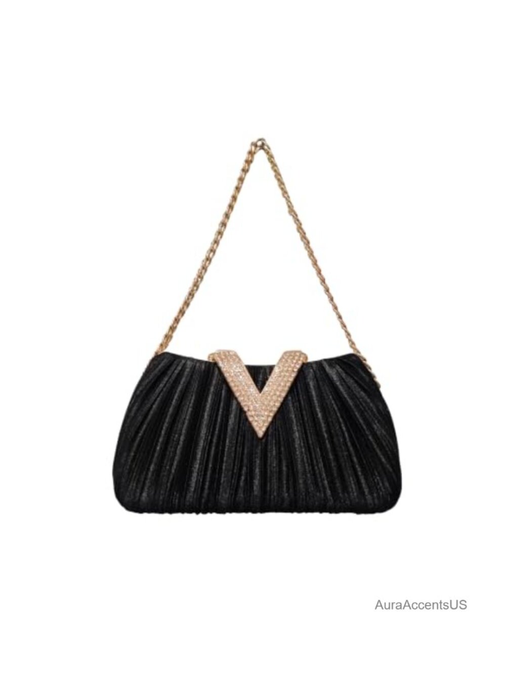 Rhinestone V-Shaped Pleated Evening Clutch with Gold Chain Strap